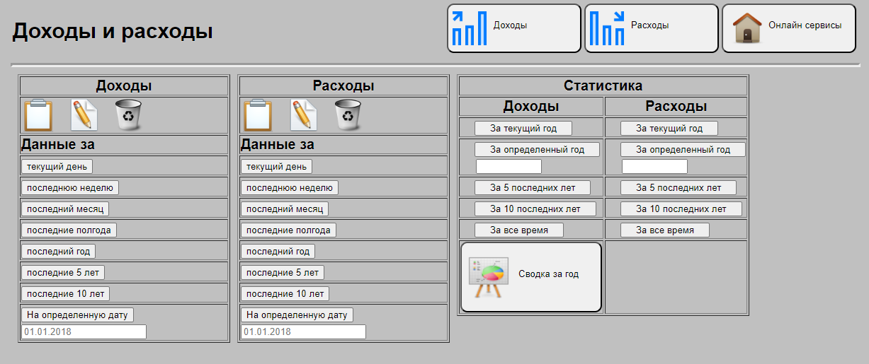 Начальная страница учета доходов и расходов