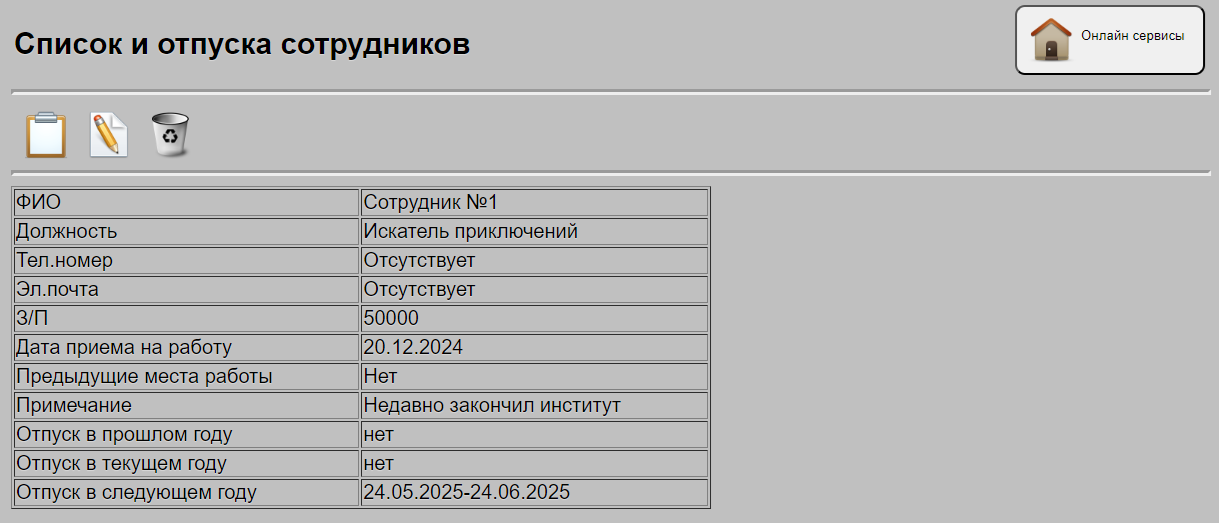 Основной вывод данных по персоналу, с списка сотрудников