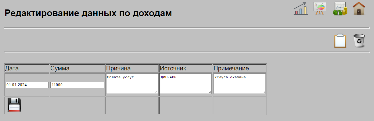 Редактирование данных по учету доходов и расходов
