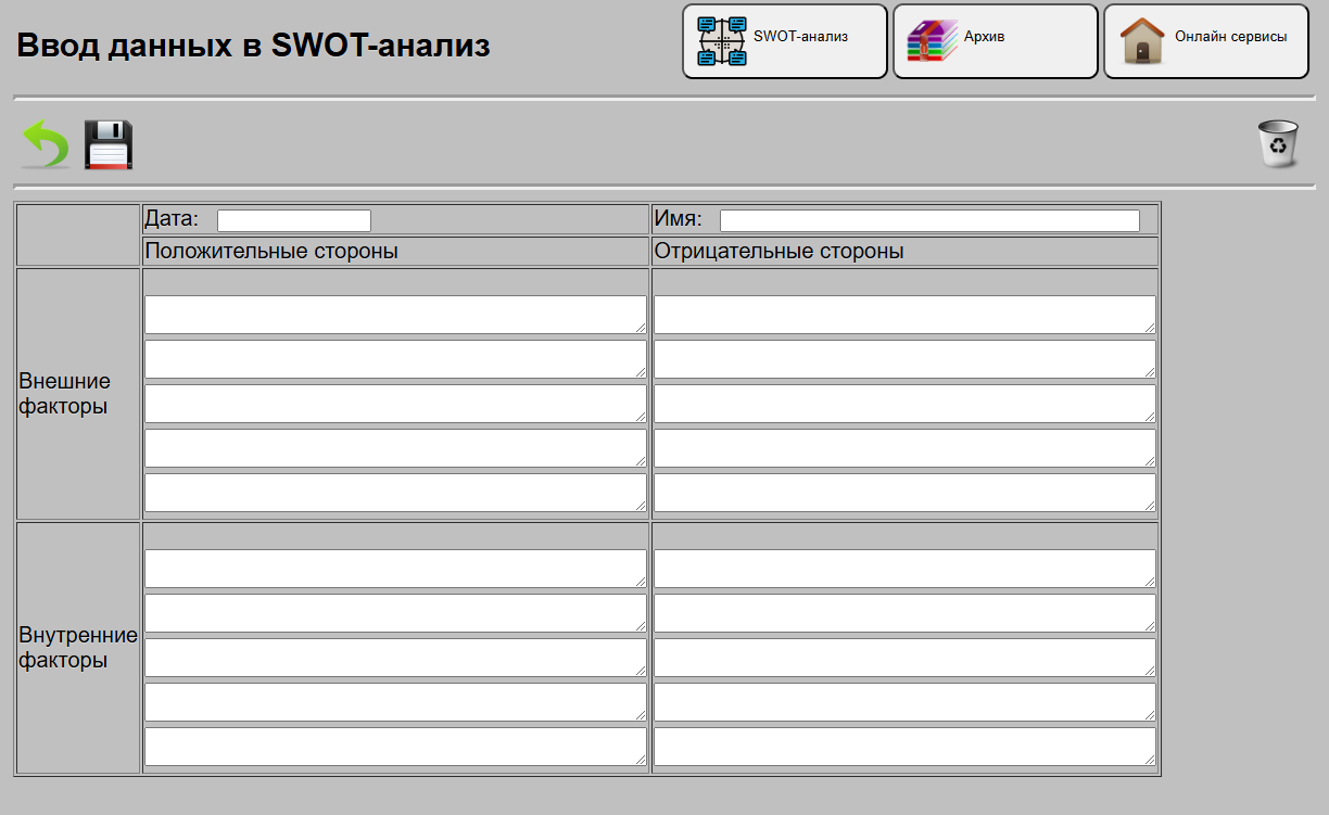 Общий вид онлайн сервиса SWOT-анализ для ввода данных